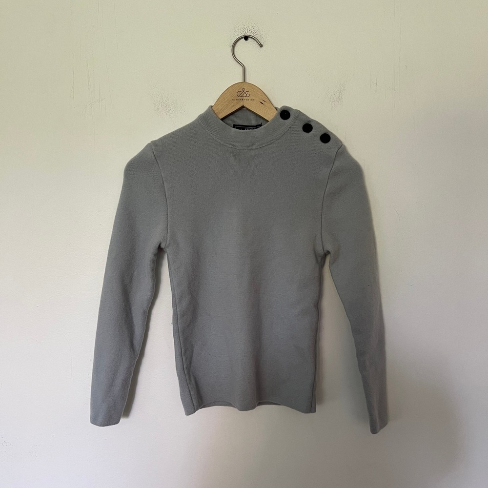 Saint James Light Blue Wool Mock Neck Shoulder Button Sweater Made in France